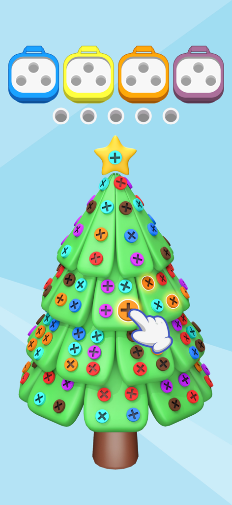 A mobile puzzle game screenshot featuring a 3D Christmas tree with colorful screws to be sorted into matching bins