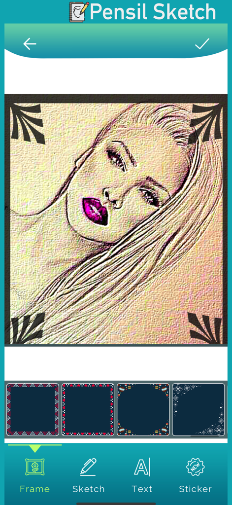 Pensil Sketch Art : SketchSnap - A portrait with a pencil sketch effect and frame options in the SketchSnap app.