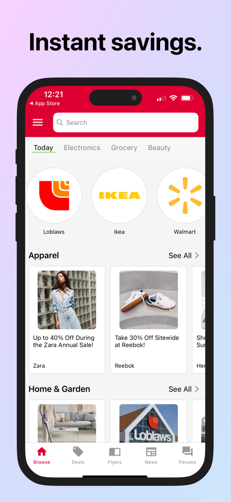 RedFlagDeals app home screen displaying daily deals and store flyers for major retailers like Walmart and Ikea.