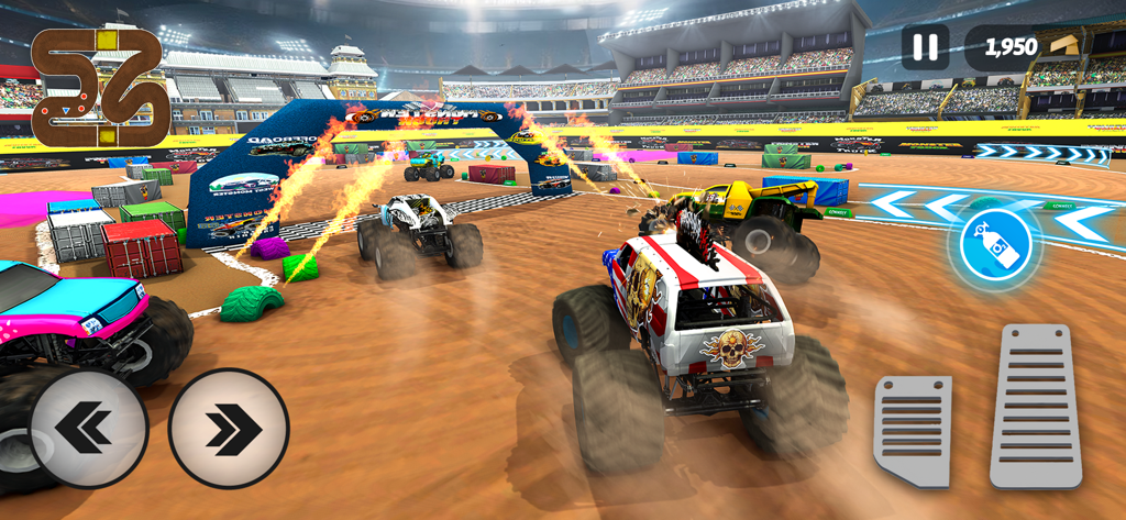 Monster Truck Offroad Race Jam - Pantalla de juego de un monster truck compitiendo en un estadio con fuego y acrobacias