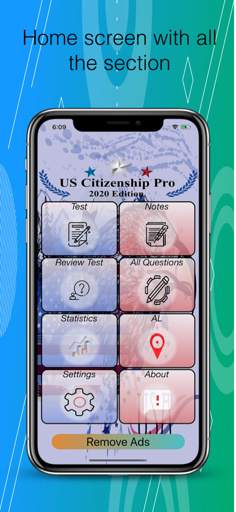 USA Citizenship Test 2026 - USA Citizenship Testアプリのホーム画面。テスト、統計、ノートのセクションを備えています。