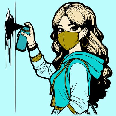 realistic girl with mask spray painting a wall