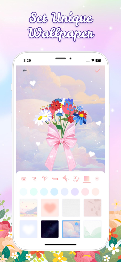 Flower Language Keyboard - A smartphone screen showing a customized flower bouquet with a pink bow being set as a unique wallpaper in the Flower Language Keyboard app