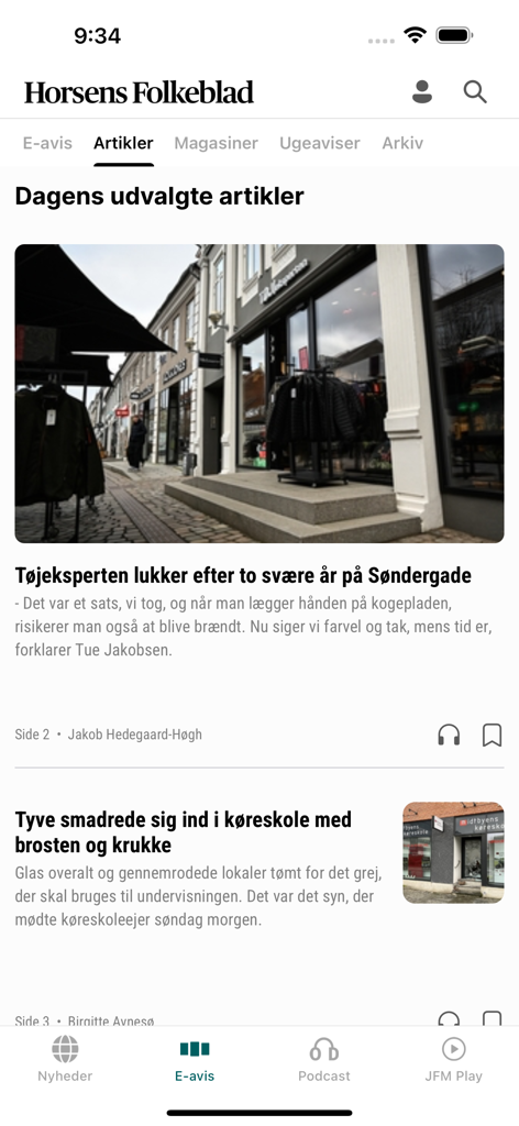 Horsens Folkeblad mobile news app interface showing a feed of local Danish articles and navigation menu
