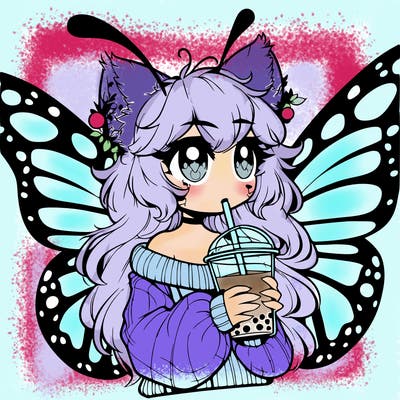 a realistic butterfly/furry girl drinking boba