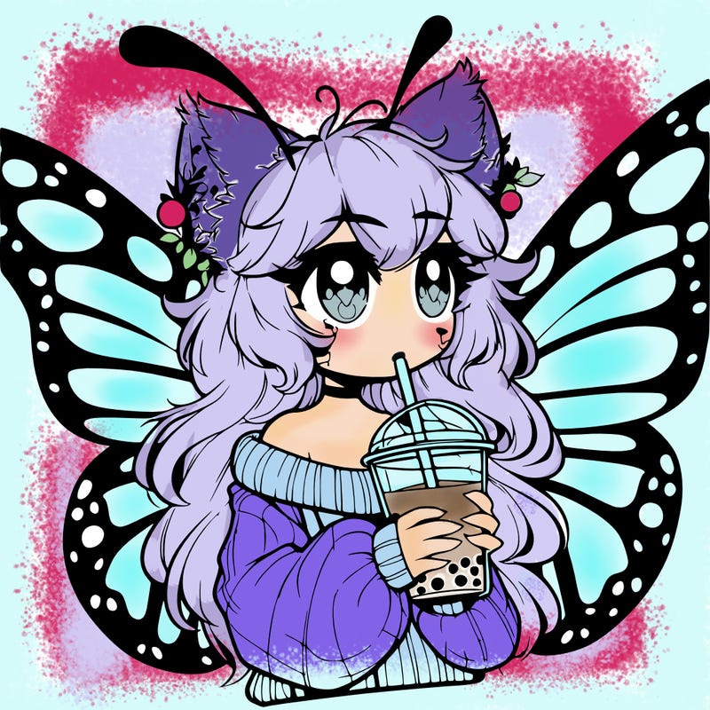 a realistic butterfly/furry girl drinking boba