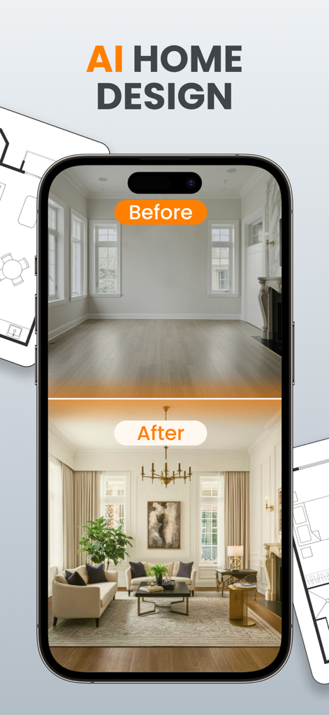 House Design Ai - Home Planner - AI home design app showing a before and after living room transformation