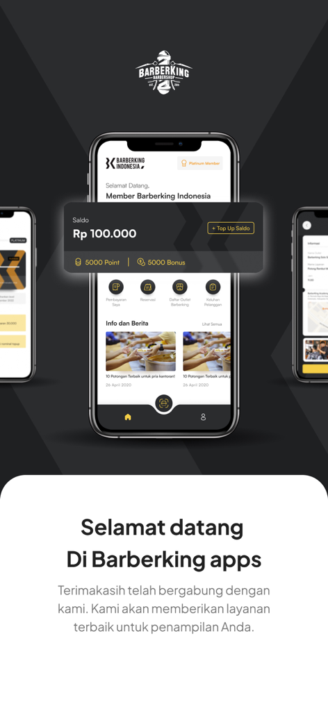 Barberking - Barberking app home screen showing account balance, membership points, and options for reservations and payments.