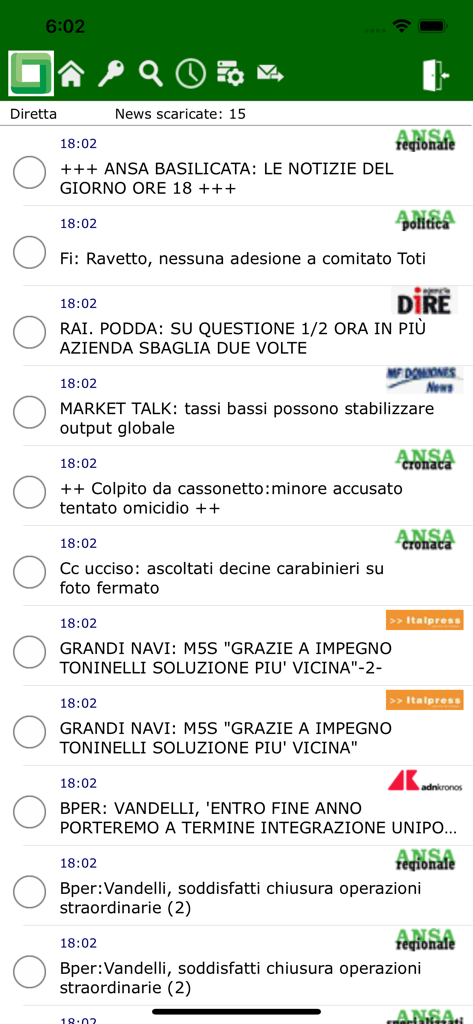 Data Stampa Mobile App Interface mit einer Liste von Schlagzeilen von italienischen Presseagenturen