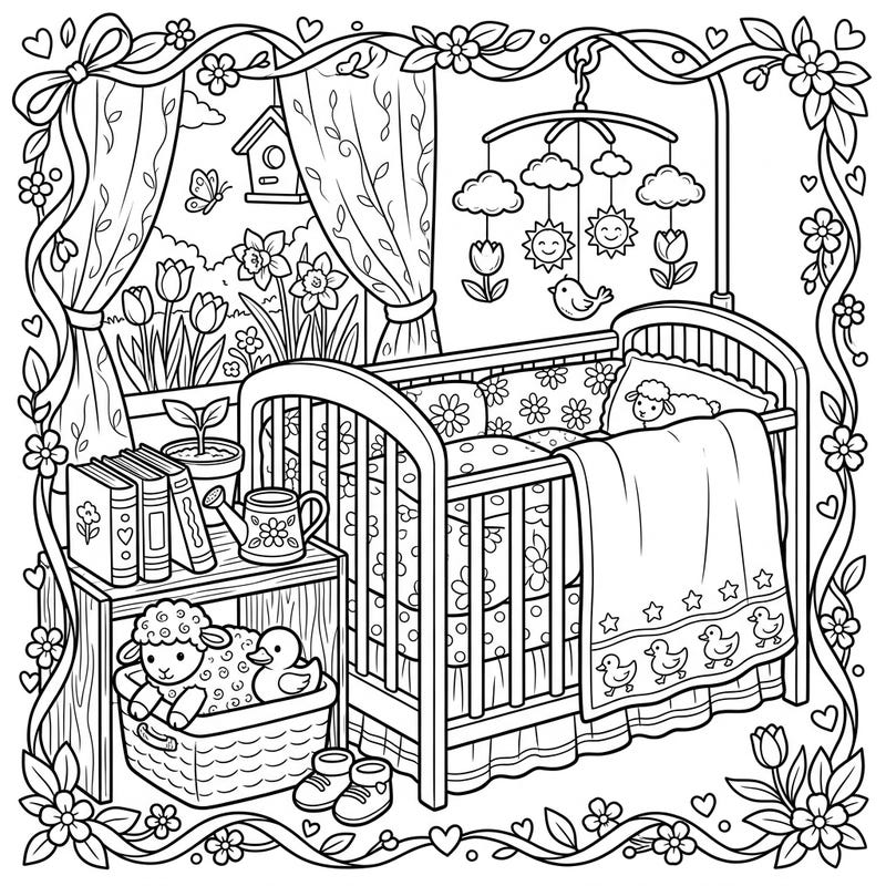 Explore a charming spring nursery with our delightful coloring page, featuring a cozy baby crib amidst blooming flowers and playful animals. This sweet illustration perfectly captures the tenderness of new beginnings and the joy of the season.