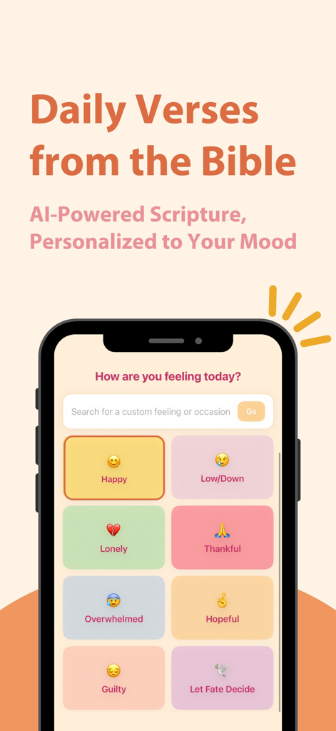 Verseful: Daily Bible & Prayer - Verseful app interface showing mood-based selection for daily Bible verses with colorful buttons for different emotions
