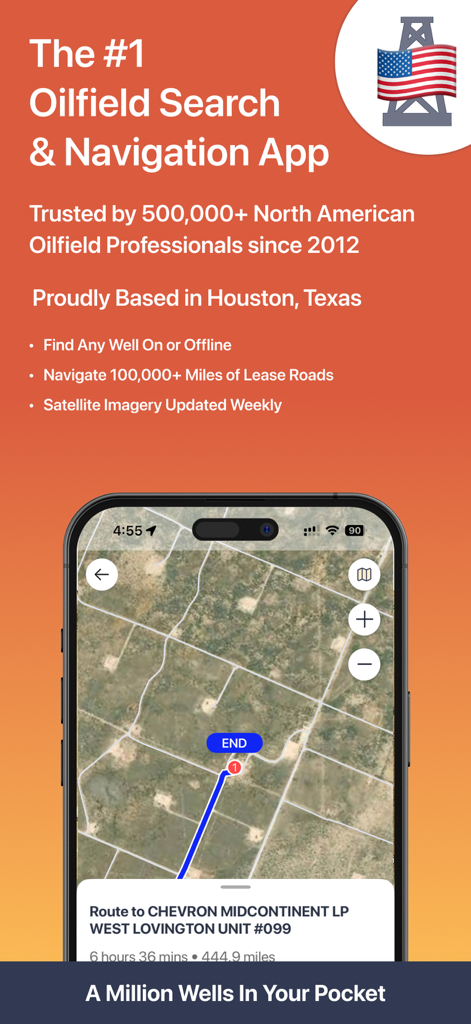 Wellsite Navigator - Wellsite Navigator app displaying a satellite map and route to an oil well site.