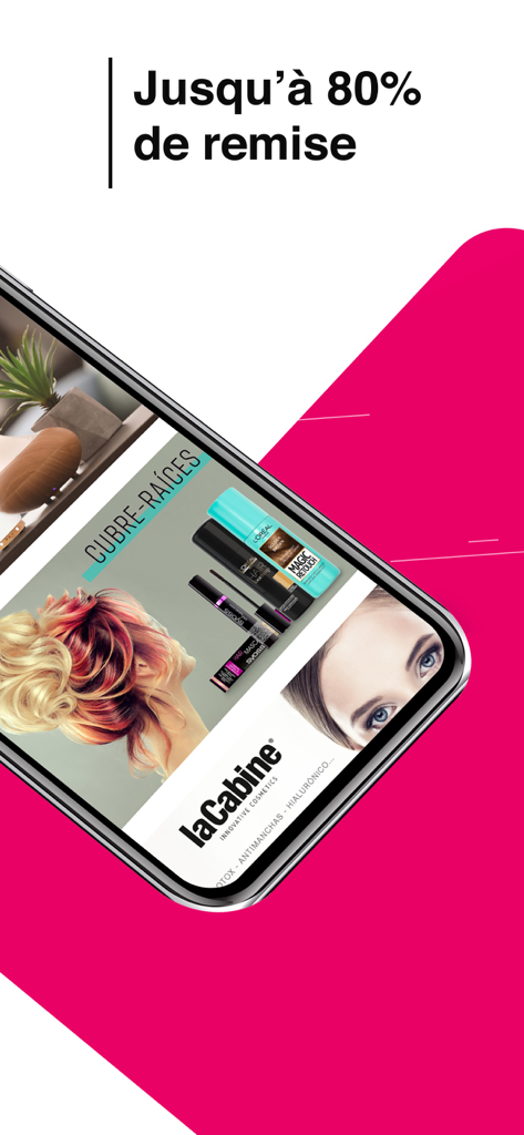 Perfumes Club - Smartphone screen displaying the Perfumes Club app with beauty products and a headline offering up to 80 percent discount