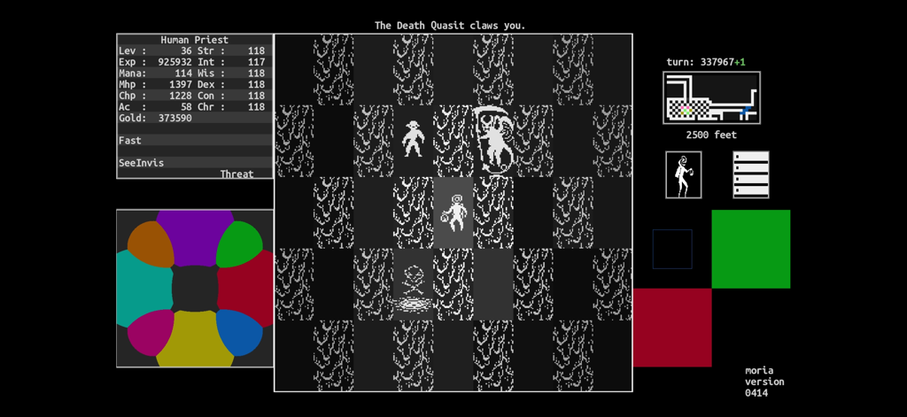 Mines of Moria - Mines of Moria gameplay screenshot showing character stats and a retro style dungeon map