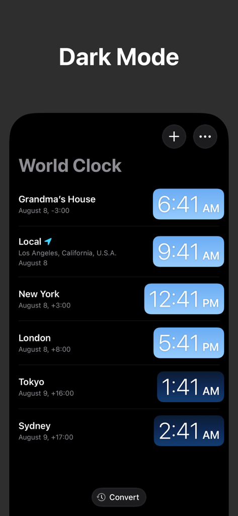 World Clock app interface in dark mode showing multiple city time zones