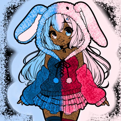 pretty anime girl wearing a fluffy hoodie with bunny ears on the hood and a skirt