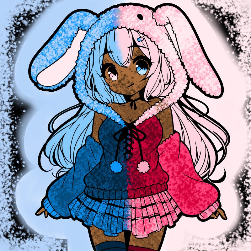 pretty anime girl wearing a fluffy hoodie with bunny ears on the hood and a skirt