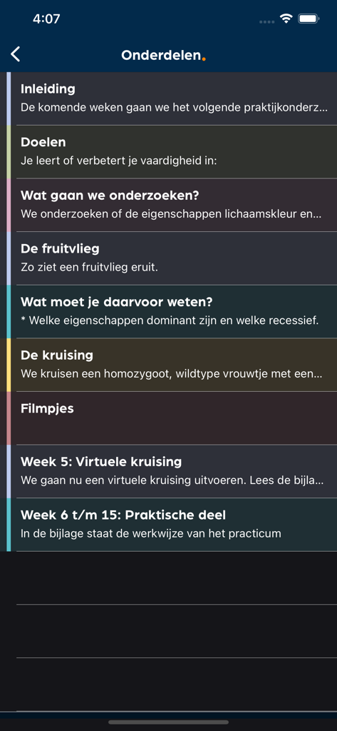 A screen from the Magister app showing a detailed list of course components and weekly study materials for students.