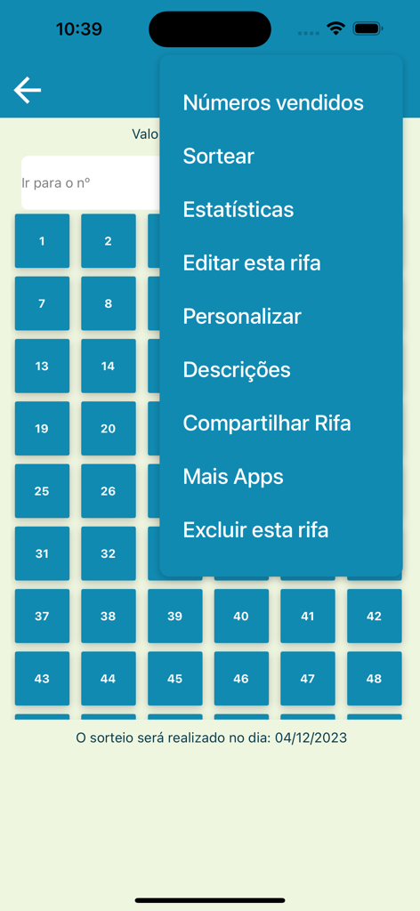 Rifa Fácil - Rifa Facil app management menu with options for drawing winners and sharing raffles