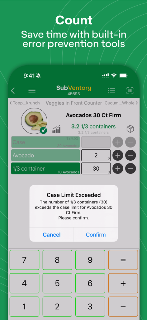 SubVentory - SubVentory app interface showing a case limit exceeded alert for avocados during inventory counting.