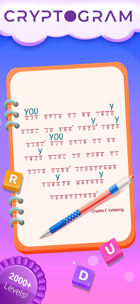 Cryptogram: Word Brain Puzzle - Una pantalla de juego de Cryptogram Word Brain Puzzle mostrando un nivel de descifrado de código en un bloc de notas digital.