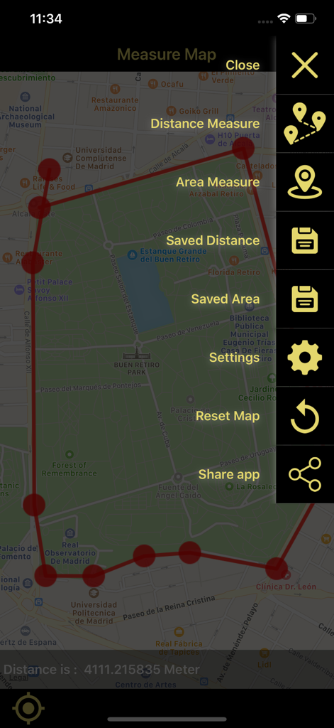 Distance & Area Measure On Map - Interface of the Distance and Area Measure On Map app showing a measured area on a city map and a sidebar menu