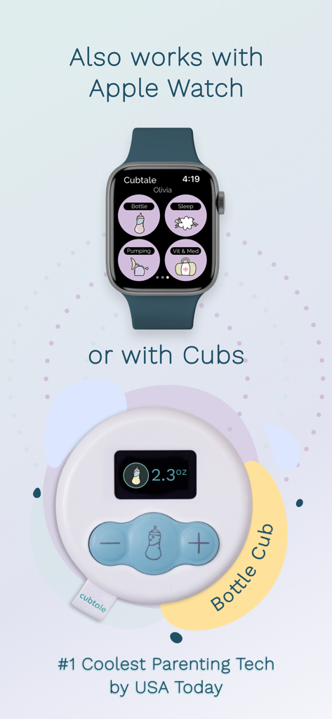 Cubtale Baby Tracker - Cubtale Baby-Tracking-App-Oberfläche auf einer Apple Watch und einem physischen Flaschen-Cub-Tracking-Gerät