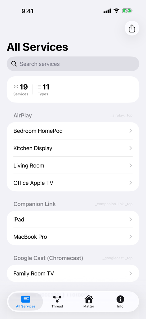 Herald Bonjour Network Browser - La aplicación Herald muestra servicios de red descubiertos como dispositivos AirPlay y Google Cast.