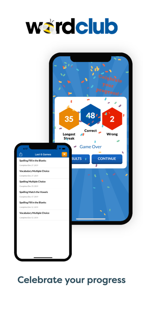 A mobile screen showing game results and a history of spelling and vocabulary activities in the Word Club app.