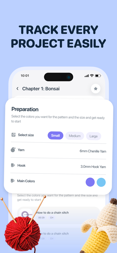 CraftBook: Crochet Made Easy - Interfaz de la aplicación CraftBook mostrando configuraciones de preparación de proyecto para la selección de hilo y aguja.
