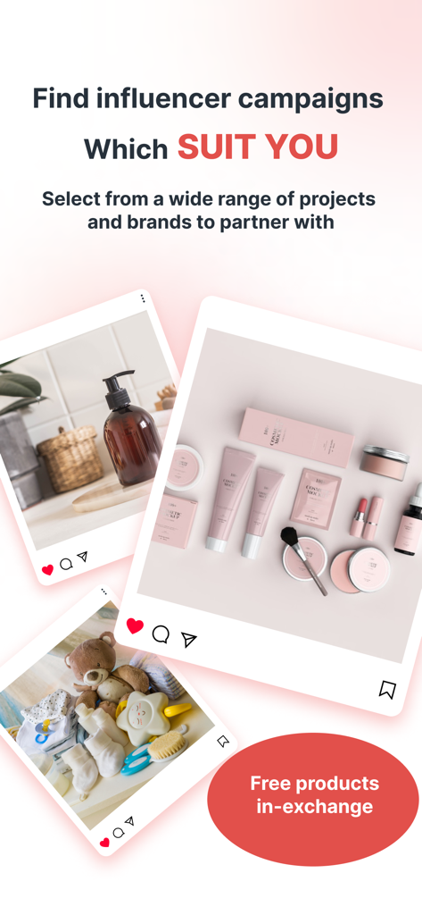 Schermata promozionale per trovare collaborazioni con brand e scambi di prodotti per influencer nell'app AnyCreator.