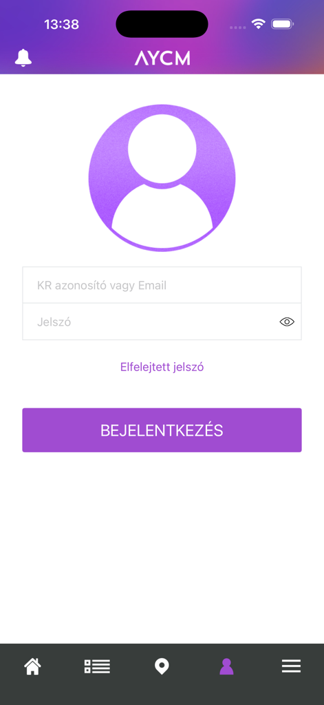 Login screen of the AYCM All You Can Move app with fields for email and password