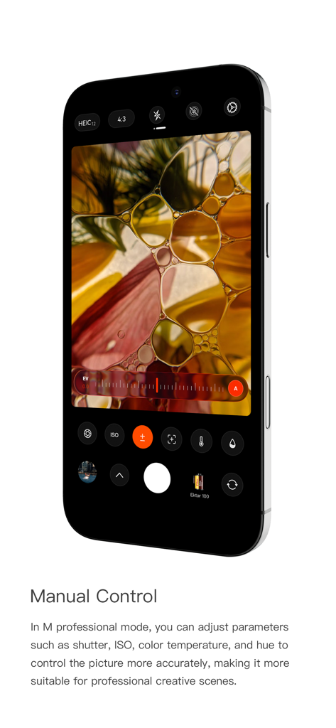 FotorGear - Camera in Pocket - Smartphone screen showing FotorGear manual camera interface with ISO and shutter speed adjustments