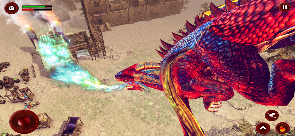 Dragon City Attack:Dragon Game - Um grande dragão vermelho cuspindo fogo azul em um prédio em uma simulação de ataque à cidade desértica