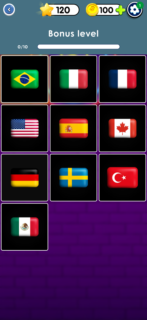 Logo Quiz: Guess Brands 2026 - Bonus level screen from the Logo Quiz game showing a grid of world flags including the USA Brazil and Italy
