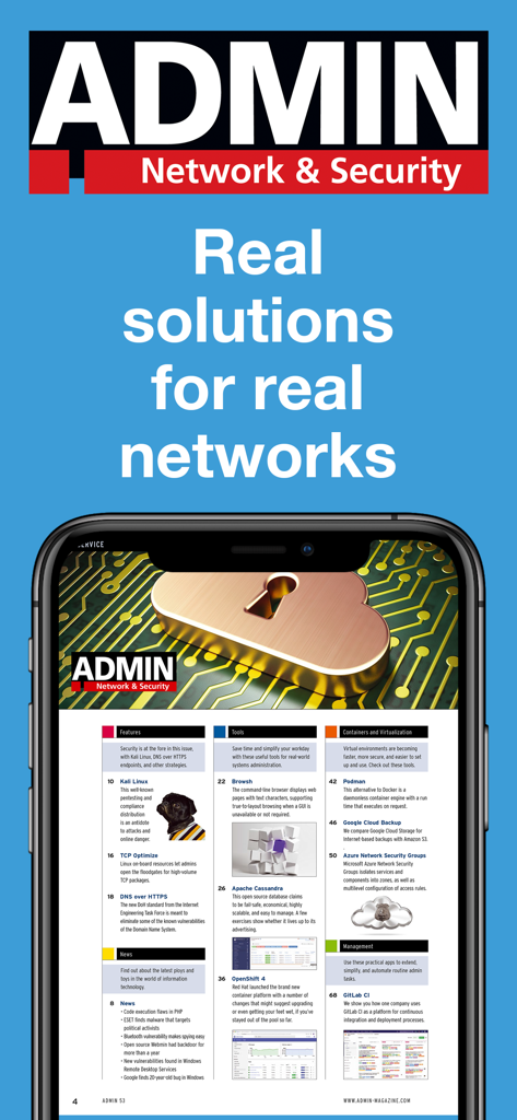 ADMIN Magazine - ADMIN Magazine app interface showing technical articles for network and security administrators