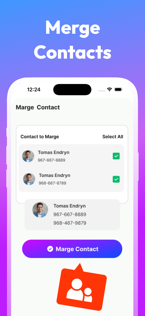 Swipe Cleaner: Clean Up Photos - Interface of the Swipe Cleaner app showing the process of merging duplicate contact entries into a single profile.