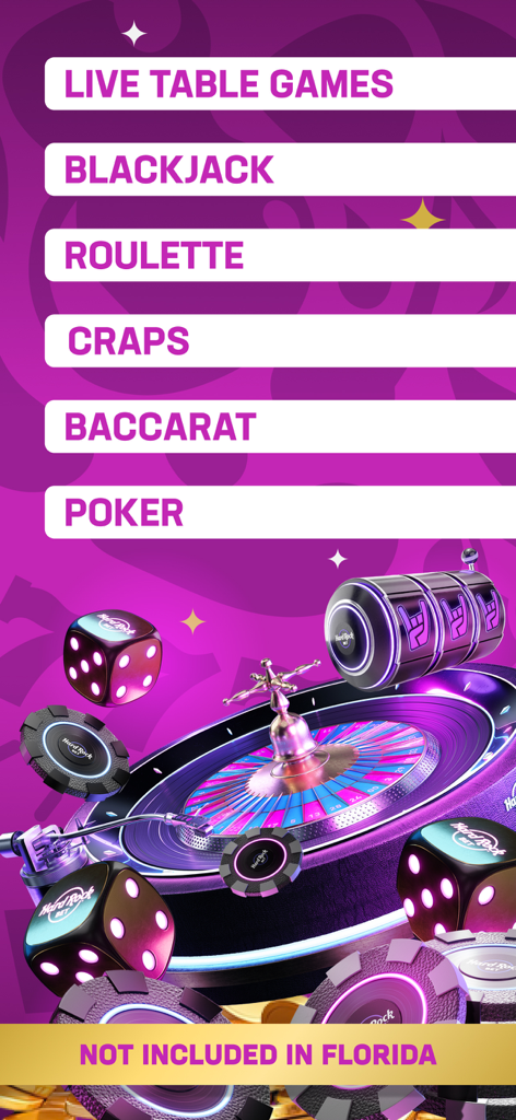 A menu of live casino table games including blackjack, roulette, and poker featuring a 3D roulette wheel and dice graphics.