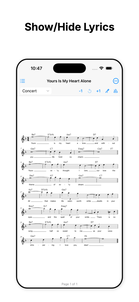 Realbook Master app displaying sheet music with the option to toggle lyrics on or off