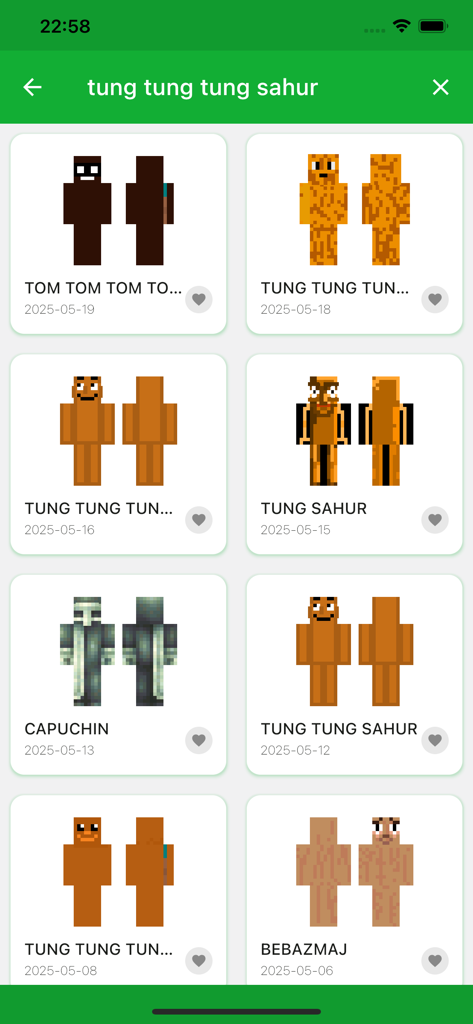 Ein Raster von benutzerdefinierten Minecraft-Charakter-Skins, angezeigt in einer Suchgalerie innerhalb der World of Skins App