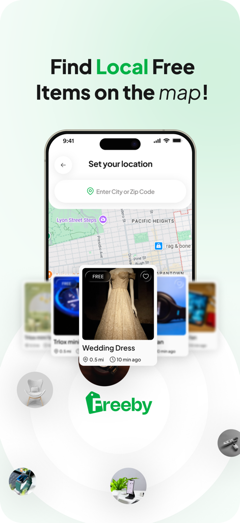 Screenshot of Freeby app showing free items on a local neighborhood map