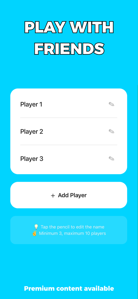 Faky - Impostor Game - Player setup screen for Faky Impostor Game showing a list of players and an add player button on a blue background