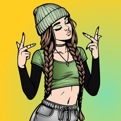 realistic teenage girl with braids and a beanie and crop top doing 🫶🏼