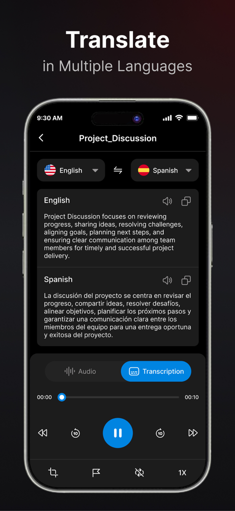 Voice Recorder : Voice Memos - Interfaz de aplicación móvil que muestra la traducción en tiempo real de una transcripción de grabación de voz de inglés a español