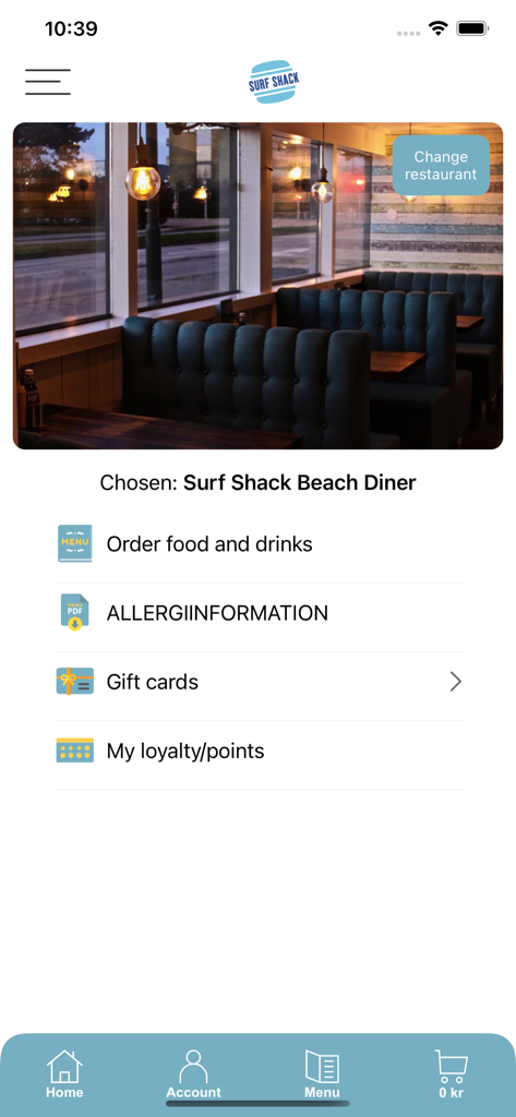Surf Shack App - Surf Shack App home screen with food ordering and loyalty program options