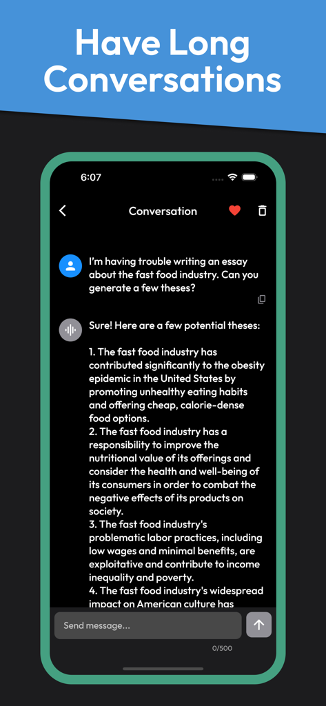 Copy AI: Content Script Writer - Interfaz de chatbot de IA que muestra una respuesta detallada a la solicitud de un usuario de ideas de tesis para ensayos sobre la industria de la comida rápida