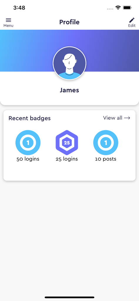 Benutzerprofilbildschirm der Intouch-Social-Networking-App, der aktuelle Aktivitätsabzeichen für Anmeldungen und Beiträge anzeigt.