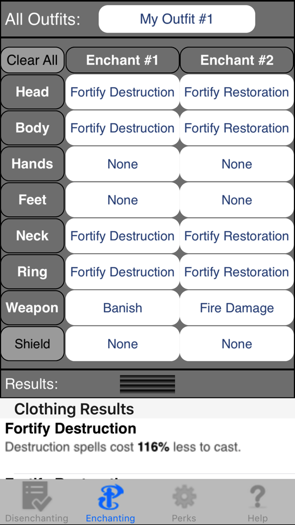 Enchanting for Skyrim ® - Interface of the Enchanting for Skyrim app showing an outfit enchantment planning screen with results for Destruction spells.