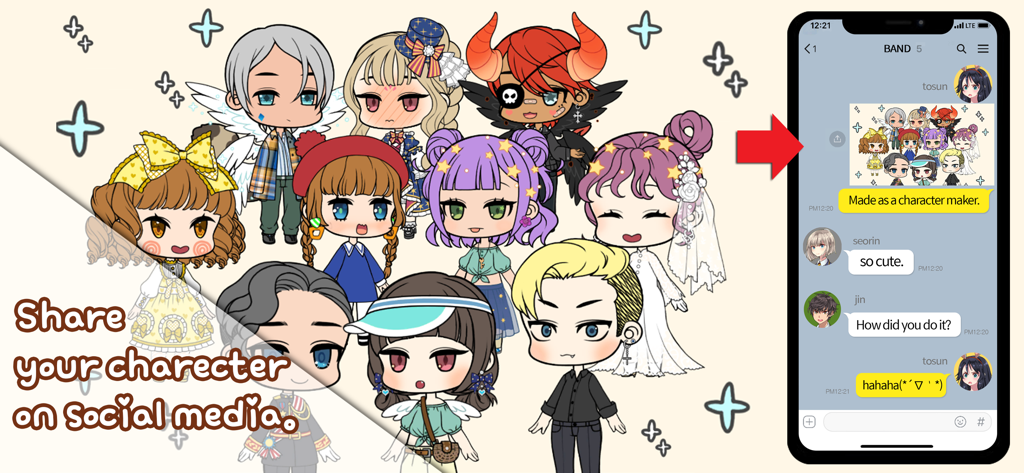 Character Maker - Group of cute chibi anime characters shared in a messaging app on a smartphone