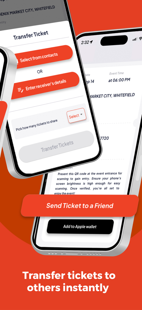 Ticketgenie App - Interface of the Ticketgenie app showing how to transfer tickets to friends and add them to Apple Wallet